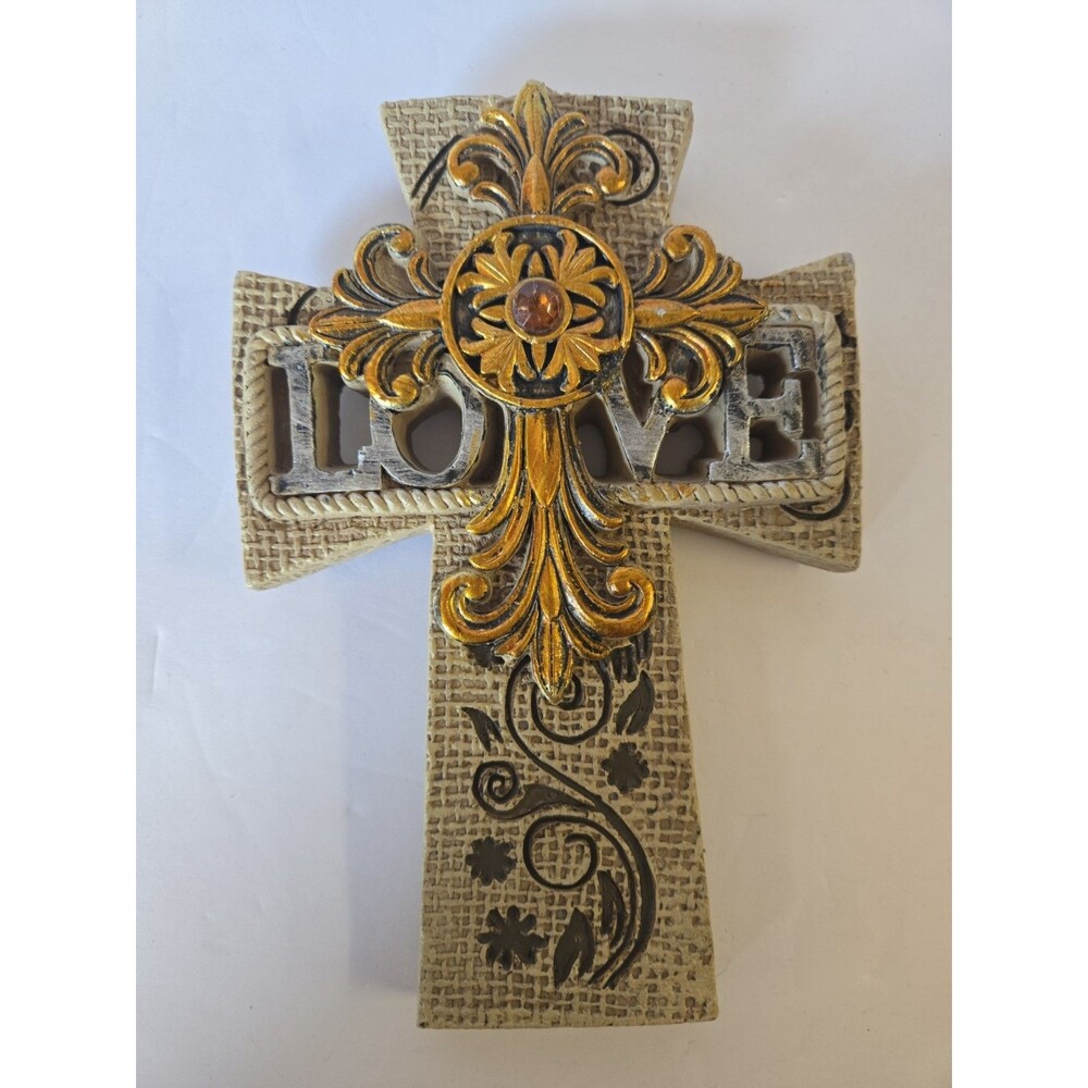 Rustic Decorative Layered Canvas Like Resin Wall Cross Home Religious Rhinestone